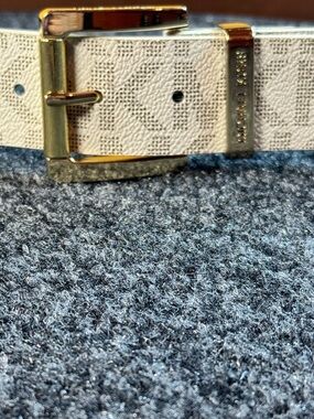 Michael Kors Ivory Perforated Monogram Belt with Gold Logo